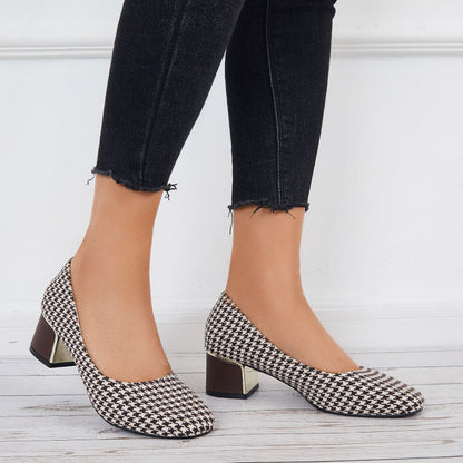 Plaid Chunky Block Low Heel Pumps Square Toe Office Shoes