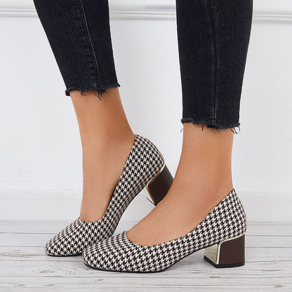 Plaid Chunky Block Low Heel Pumps Square Toe Office Shoes