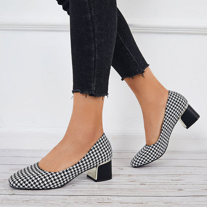 Plaid Chunky Block Low Heel Pumps Square Toe Office Shoes