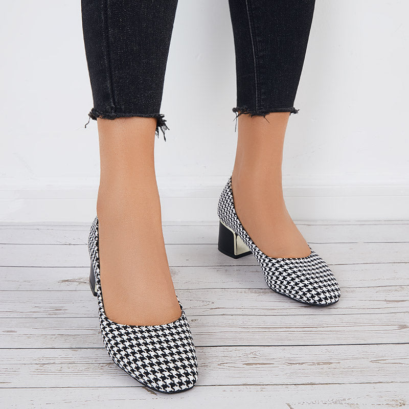 Plaid Chunky Block Low Heel Pumps Square Toe Office Shoes