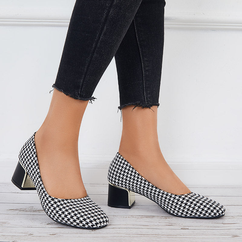 Plaid Chunky Block Low Heel Pumps Square Toe Office Shoes