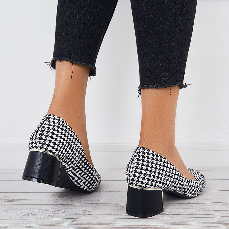 Plaid Chunky Block Low Heel Pumps Square Toe Office Shoes