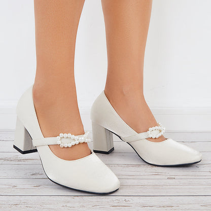 Pearl Mary Jane Pumps Chunky Heels Bowknot Closed Toe Dress Shoes