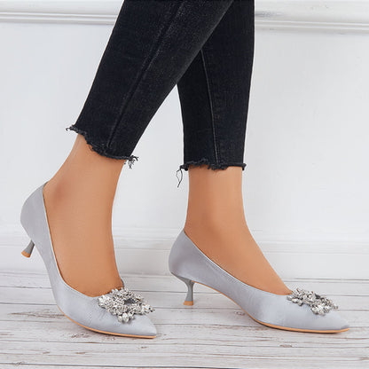 Women Pumps Pointed Toe Kitten Heels Rhinestone Buckle Wedding Shoes