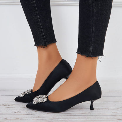 Women Pumps Pointed Toe Kitten Heels Rhinestone Buckle Wedding Shoes