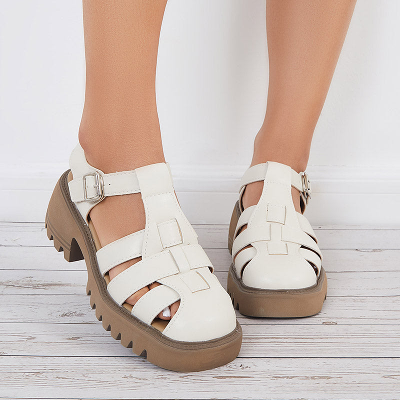 Women Closed Toe Slingback Mary Jane Shoes Chunky Heel T-Strap Sandals White Casual Summer Sandals