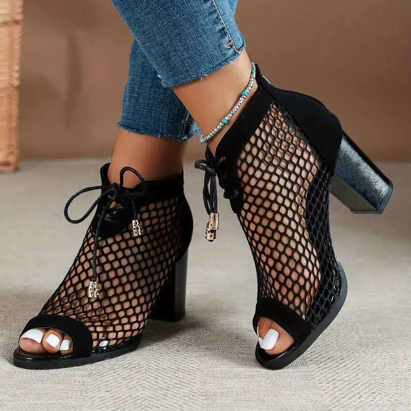 Mesh Chunky Block High Heel Sandsls Peep Toe Pumps