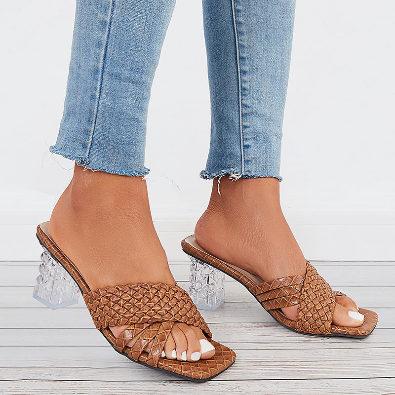 Crisscross Braided Clear Chunky Heels Slide Mule Sandals