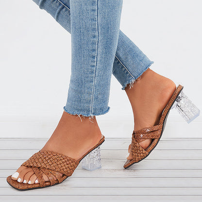 Crisscross Braided Clear Chunky Heels Slide Mule Sandals