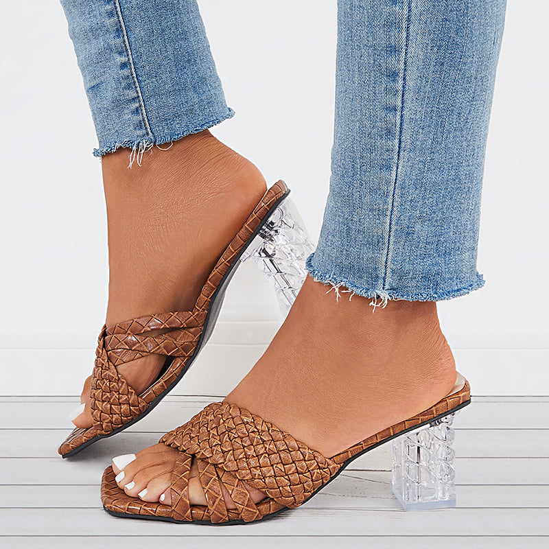 Crisscross Braided Clear Chunky Heels Slide Mule Sandals