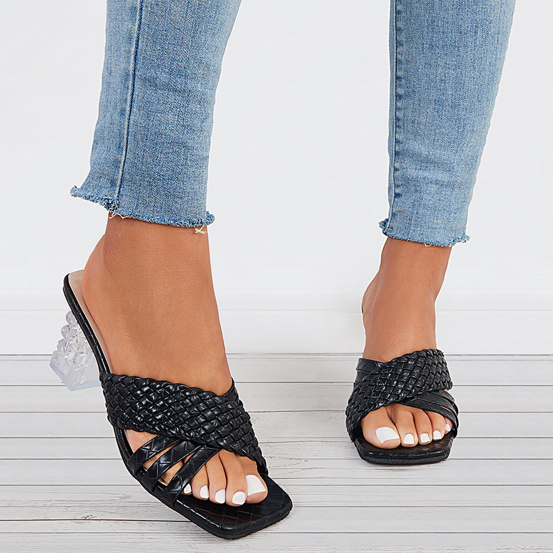 Crisscross Braided Clear Chunky Heels Slide Mule Sandals