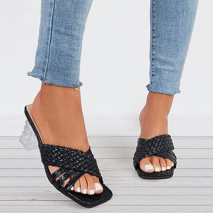 Crisscross Braided Clear Chunky Heels Slide Mule Sandals