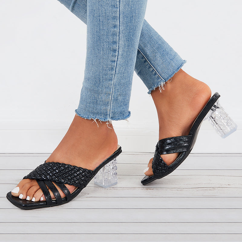 Crisscross Braided Clear Chunky Heels Slide Mule Sandals