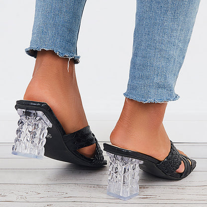 Women Crisscross Braided Clear Chunky Heels Slide Mule Sandals Boho Holiday Slippers