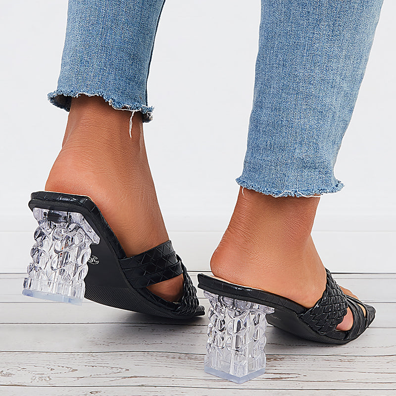 Crisscross Braided Clear Chunky Heels Slide Mule Sandals