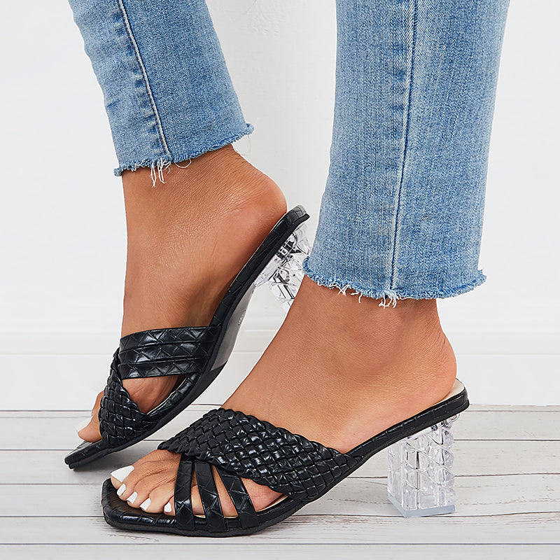 Crisscross Braided Clear Chunky Heels Slide Mule Sandals