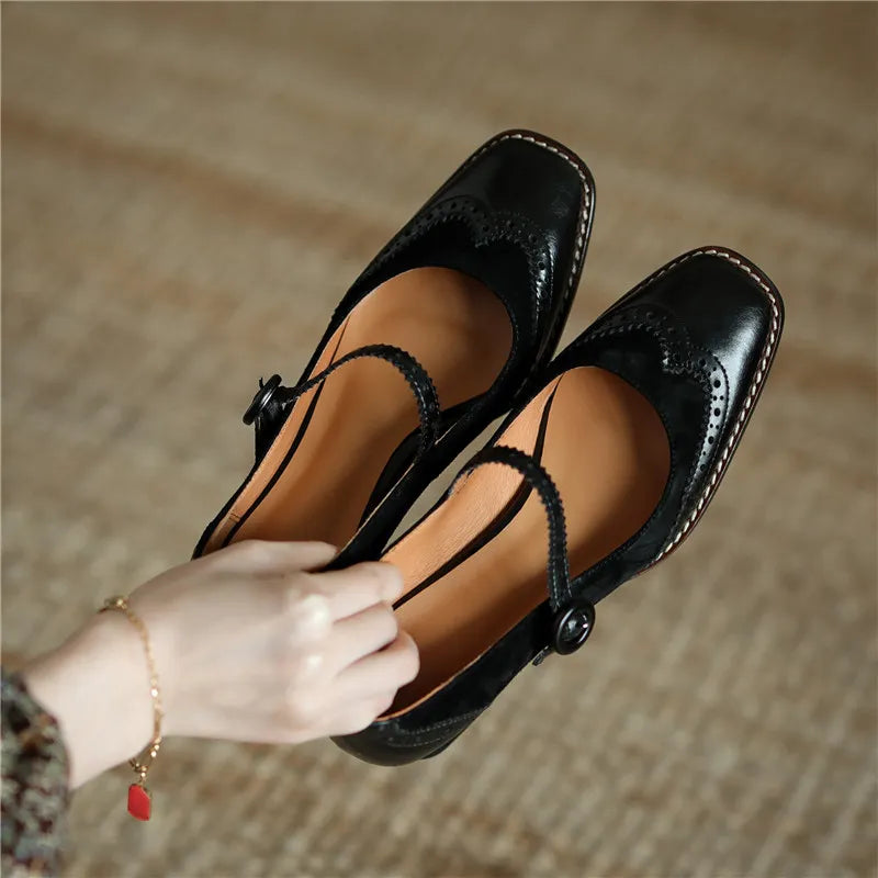 Genuine Leather Mary Jane Women's Shoes Fashion Retro Buckle Shallow Pumps Square Toe Thick Heel Handmade Shoes Woman Size 34-40