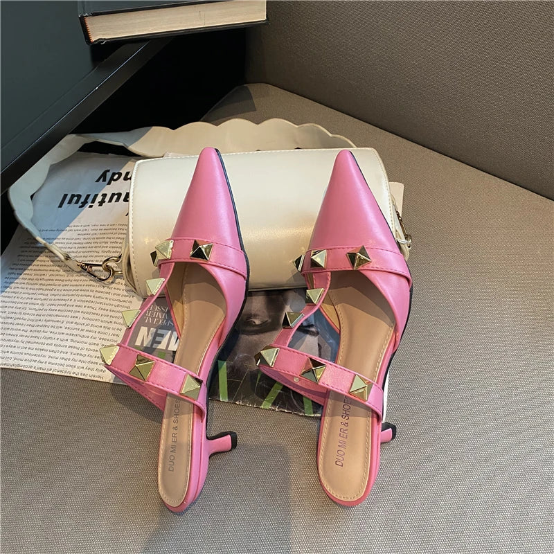 binfenxie  New Rivet Pointed Thin Heel Baotou Half Slipper Female Middle Heel Shallow Mouth Lazy Mueller Shoes