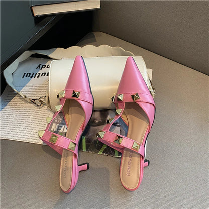 binfenxie  New Rivet Pointed Thin Heel Baotou Half Slipper Female Middle Heel Shallow Mouth Lazy Mueller Shoes