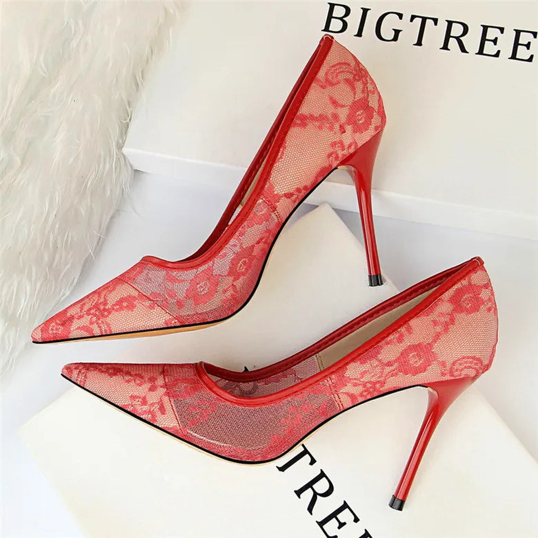 Sexy Black Flower Lace Mesh Pumps Women Pointed Fashion Party Shoes Show Thin High Heels Shoes Women's Office Shoes Shallow