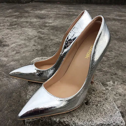 Futurecen Shiny Sexy Snakeskin Pattern Extreme High Heels Stiletto Pointed Toe Party Bridal Pumps Wedding Bride Shoes Silver Gold