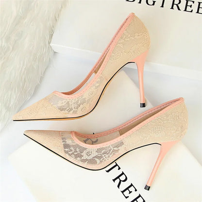 Sexy Black Flower Lace Mesh Pumps Women Pointed Fashion Party Shoes Show Thin High Heels Shoes Women's Office Shoes Shallow