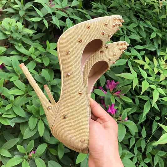 Futurecen  New Design Gold Revits Women Sexy Pointed Toe Stiletto High Heels Shiny Studs Ladies Wedding Party Pumps Shoes