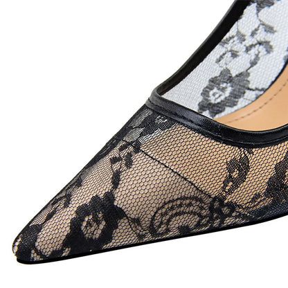 Sexy Black Flower Lace Mesh Pumps Women Pointed Fashion Party Shoes Show Thin High Heels Shoes Women's Office Shoes Shallow