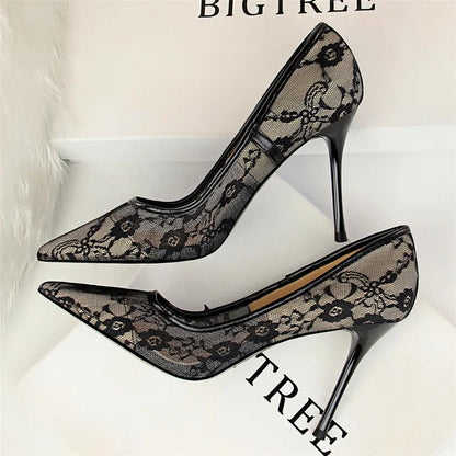 Sexy Black Flower Lace Mesh Pumps Women Pointed Fashion Party Shoes Show Thin High Heels Shoes Women's Office Shoes Shallow