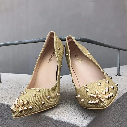 Futurecen  New Design Gold Revits Women Sexy Pointed Toe Stiletto High Heels Shiny Studs Ladies Wedding Party Pumps Shoes