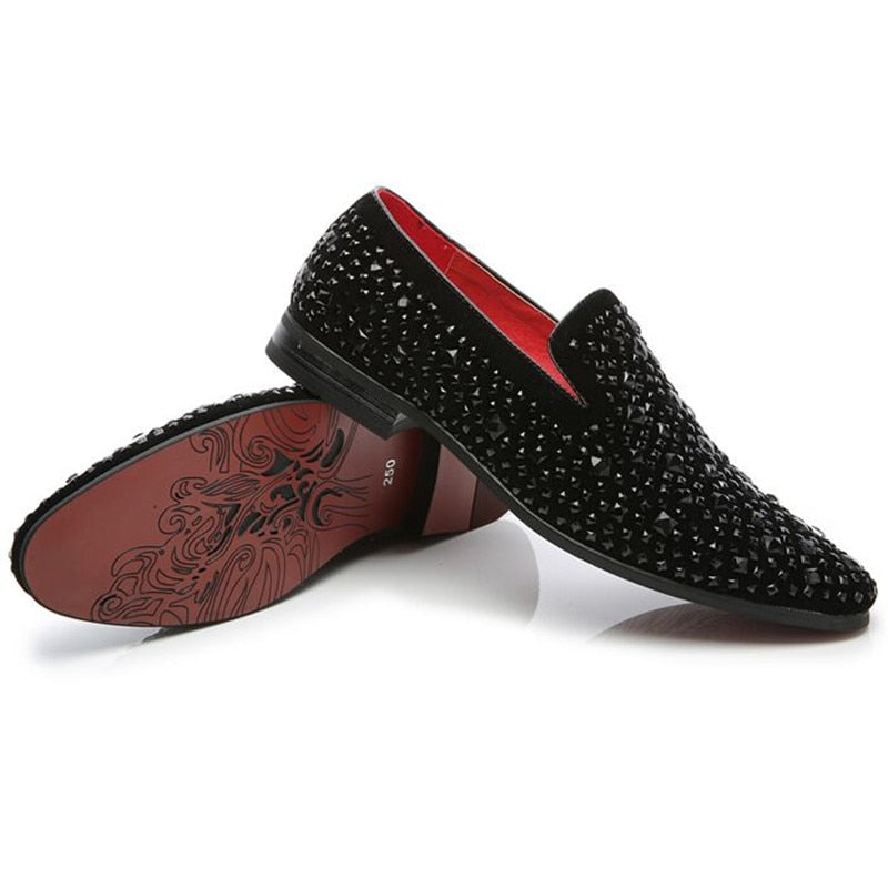 Men's Genuine Leather Loafers Casual Shoes Fashion Mens Rhinestone Driving Shoes Man Flats Dress Wedding Shoes