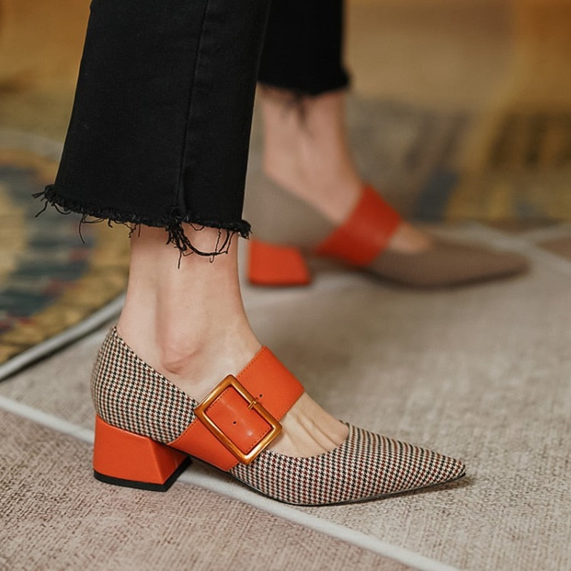 New Spring/Autumn Shoes Women Pointed Toe Chunky Heel  Fabric High Heel Pumps Mixed Color Square Button Ladies Shoes