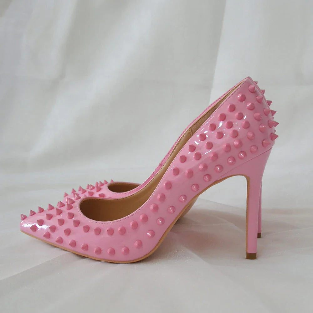 Futurecen Light Pink Women Rivets Pointy Toe High Heels Sexy Ladies Slip On Stilettos Pumps Chic Spikes Heeled  Party Shoes