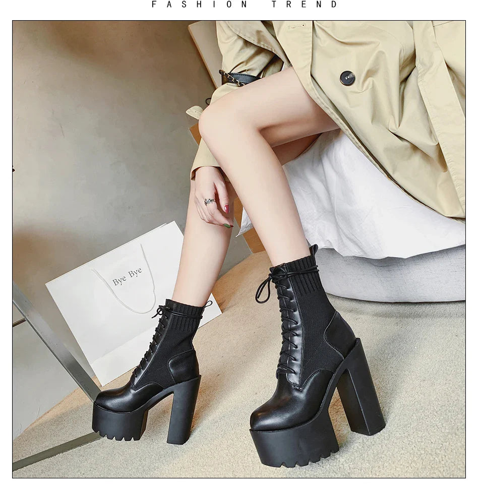 binfenxie   New Fetish Platform Boots Woman Sexy Chunky Heel Front Lace Up Sock Boots Women Ankle Boots Thick Heel Shoe Black Design