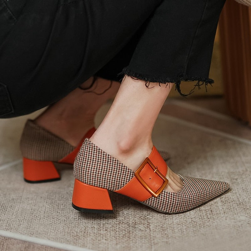 New Spring/Autumn Shoes Women Pointed Toe Chunky Heel  Fabric High Heel Pumps Mixed Color Square Button Ladies Shoes