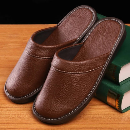 Autumn Winter Indoor Shoes Men's Slippers Plus Size 47 48 Man Concise Navy Blue Slides Simple Leather Home Slippers For Men