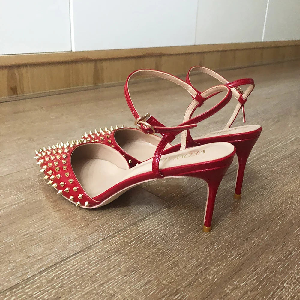 Futurecen Summer Women Red Pointed Toe High Heel Slingbacks Shoes with Spikes Ankle Buckles Sexy Stiletto Pumps for Party 8-12cm