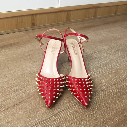 Futurecen Summer Women Red Pointed Toe High Heel Slingbacks Shoes with Spikes Ankle Buckles Sexy Stiletto Pumps for Party 8-12cm