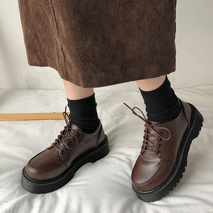 Spring Autumn Women Oxford Shoes Flat on Platform Casual Shoes Black Lace Up Leather Shoes Sewing Round Toe zapatos mujer 8901N