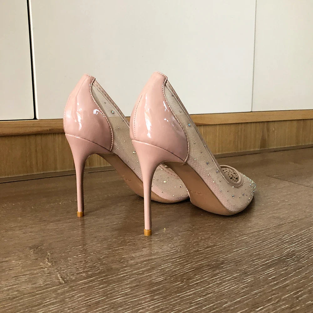 Futurecen Luxury Women Nude Gauze Rhinestones Pointed Toe Stiletto Pumps Summer Elegant Ladies Mesh High Heel Wedding Party Shoes