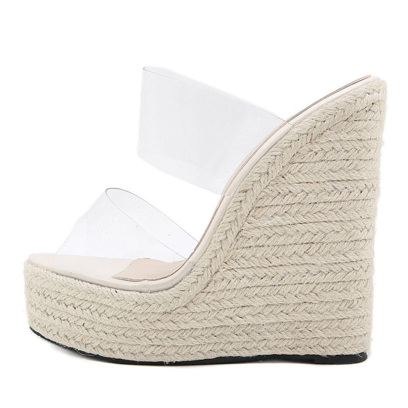 Summer PVC Transparent Peep Toe Cane Straw Weave Slippers Platform Wedges Sandals Women Fashion High Heels Female Shoes