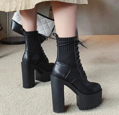 binfenxie   New Fetish Platform Boots Woman Sexy Chunky Heel Front Lace Up Sock Boots Women Ankle Boots Thick Heel Shoe Black Design