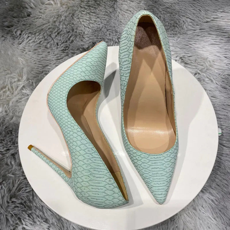 Futurecen  Snake Pattern Women Mint Green Sexy Pointed Toe Stiletto Pumps Chic Ladies Party Dress Shoes 8cm 10cm 12cm Customize