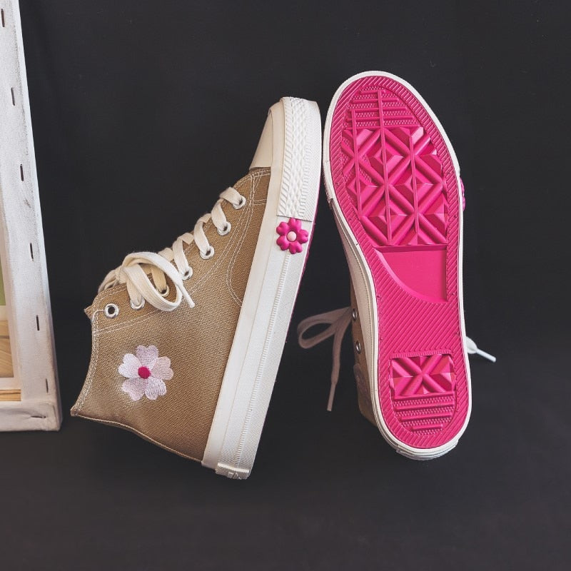 Embroidered Flower Student Lolita Shoes Fashion Canvas Women  Spring Student Board Sports Running Low/high Top Sneakers