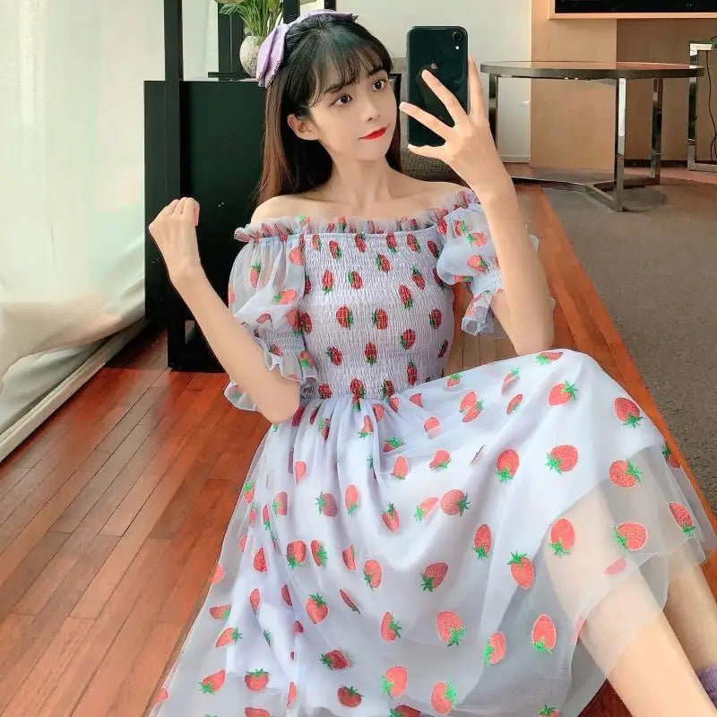 binfenxie Strawberry Dress Women French Style Lace Chiffon Sweet Dress Casual Puff Sleeve Elegant Printed Kawaii Dress Women New