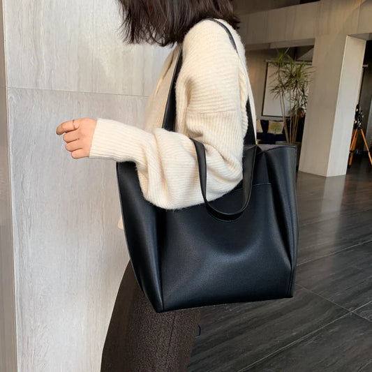 binfenxie  High Quality Soft Leather Woman Casual Tote Shopper Solid Color Handbags Large Capacity Single Shoulder Bag with Outer Pocket