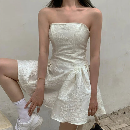 Women Summer Harajuku Strapless Dress Solid Casual A-Line High Waist Loose Printing Mini Slash Neck Short Dresses Female