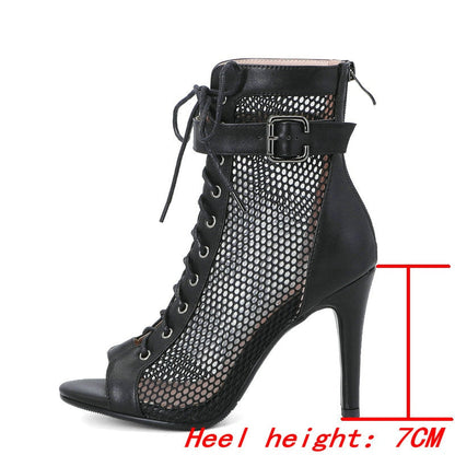 New Women's High Heels Jazz Dancing Shoes Sexy Mesh Short Boots Zipper Black Latin Indoor Dance Ballroom Sandals Ladies Shoes 47