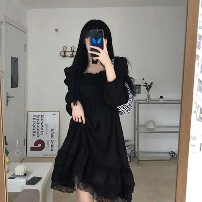 binfenxie Gothic Black Lace Ruffle Dress For Girls Princess Party Ruched Fairy Grunge Long Sleeve Dresses Woman Fashion Korean