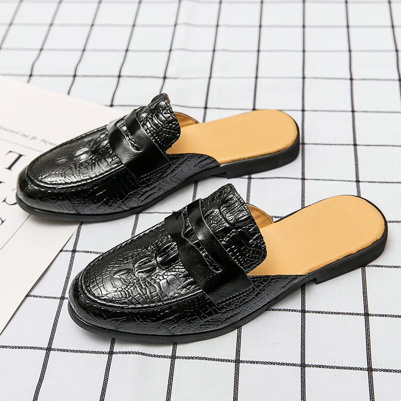 Summer Men Shoes Men Half Slippers High Quality Men Crocodile pattern Leather Casual Shoes Loafers Flip Flops Lightweight Flats